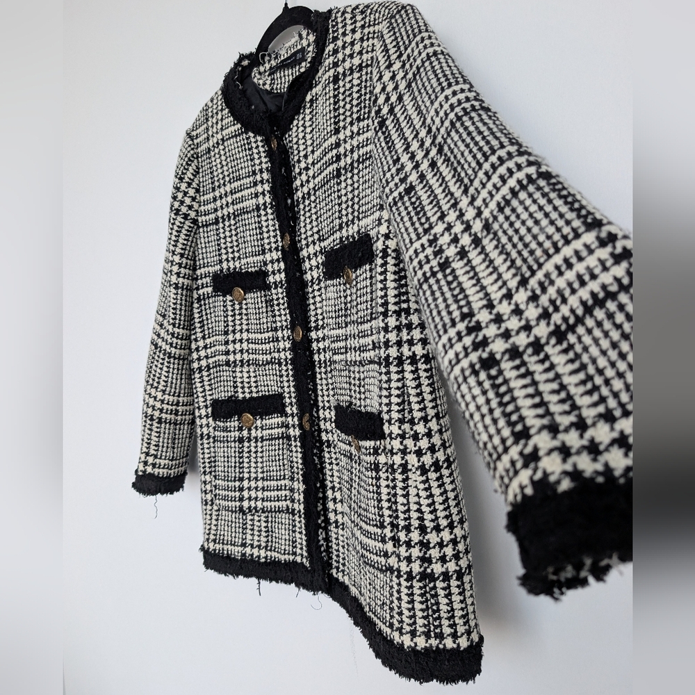 Zara Wool Blend Long Tweed Plaid Houndstooth Lady Jacket Blazer Sz XL Elegant - Picture 4 of 16